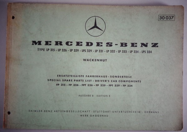 Teilekatalog Mercedes Benz Fahrerhaus Typ LP / LPS 315-334 Wackenhut von 01/1963