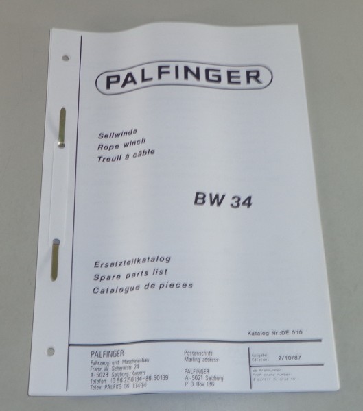 Teilekatalog / Spare Parts List Palfinger Seilwinde BW 34 Stand 10/1987