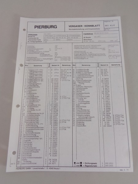 Kennblatt + Teilekatalog Pierburg Vergaser 175 CDTU Mercedes 200 - W123 06/1978