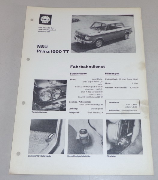 Shell Schmierplan für NSU Prinz 1000 TT Stand 12/1965
