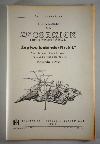 Teilekatalog McCormick International Zapfwellenbinder Nr. 6-LT Baujahr 1952