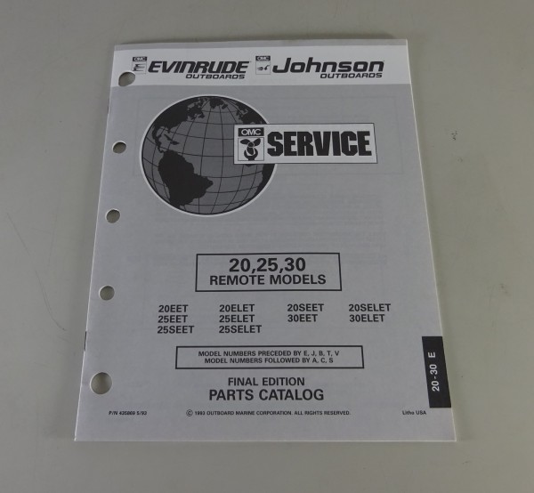 Teilekatalog Johnson Evinrude Outboards 20 / 25 / 30 Remote Models Stand 1993