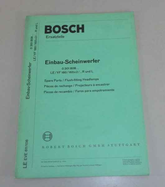 Teilekatalog / Parts list Bosch Einbau Scheinwerfer 0 301 808.. von 03/1968