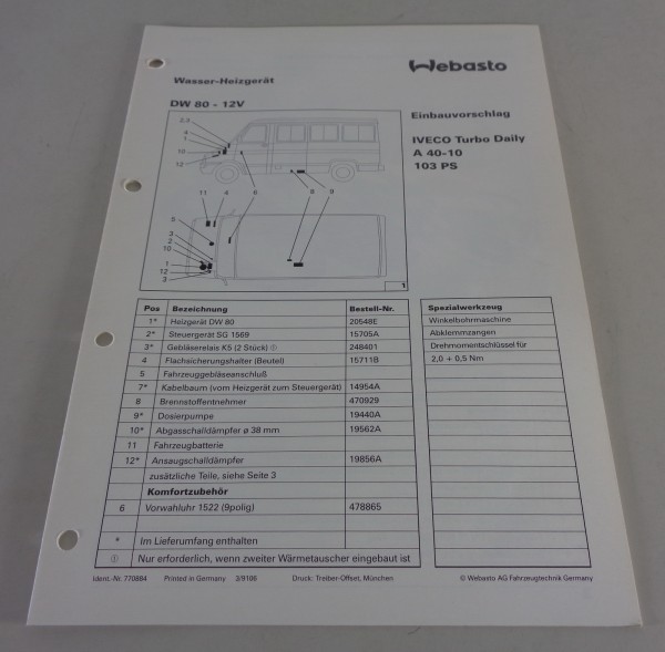 Einbauanweisung Webasto Standheizung DW 80 - 12V Iveco Turbo Daily Stand 03/1991