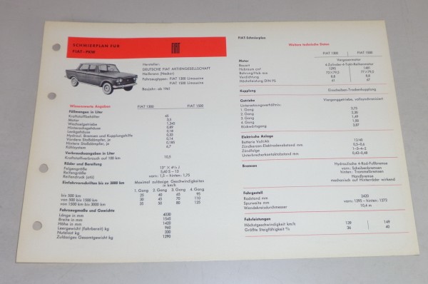 Schmierplan + Technische Daten Fiat 1300 / 1500 Limousine Baujahr ab 1961
