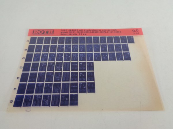 Microfich Teilekatalog Roth Toro Mäher Modelle 20221 - 21666 von 02/1984