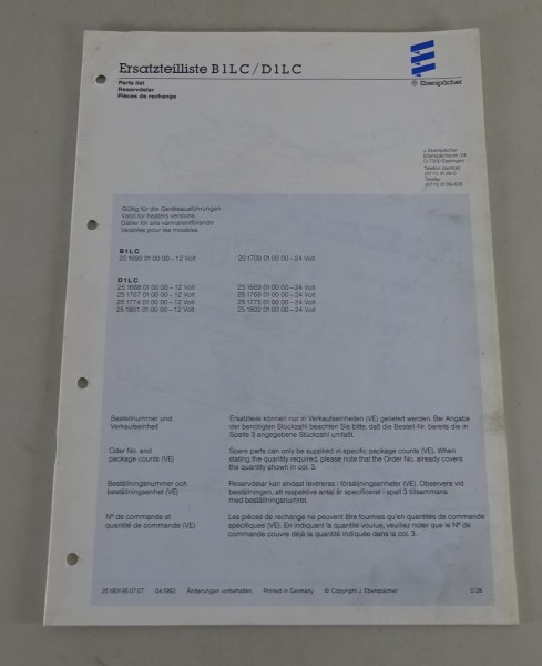 Teilekatalog Eberspächer Heizgeräte B1LC / D1LC Stand 04/1992