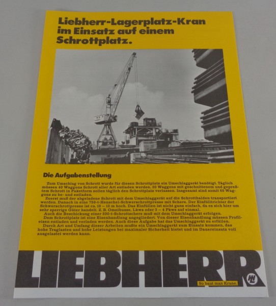 Prospekt Liebherr Lagerplatz-Kran im Einsatz auf einem Schrottplatz von 07/1974