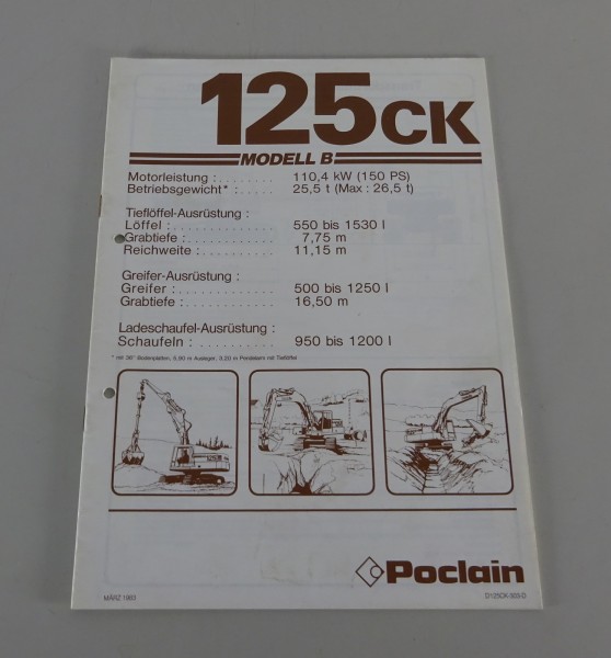 Prospekt / Broschüre Poclain Hydraulikbagger 125CK Modell B Stand 03/1983