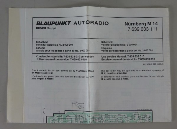 Schaltplan Blaupunkt Autoradio Nürnberg M 14 Stand 12/1983