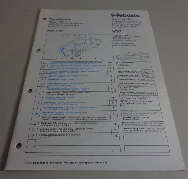 Einbauanweisung Webasto Standheizung BBW 46 - 12V für VW Passat Stand 03/1989