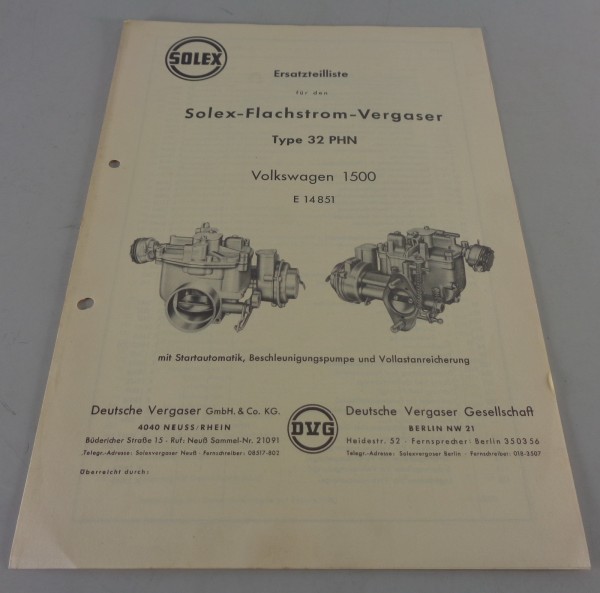 Datenblatt Solex Flachstrom Vergaser Typ 32 PHN für VW 1500 Typ 3