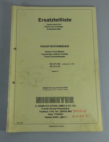 Teilekatalog / Spare Parts Niemeyer Front-Rotormäher RO 271-FB / FZ Stand 7/1992