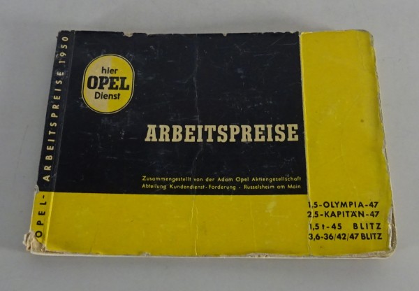 Handbuch Arbeitspreise Opel Olympia / Kapitän / Blitz Ausgabe 1950