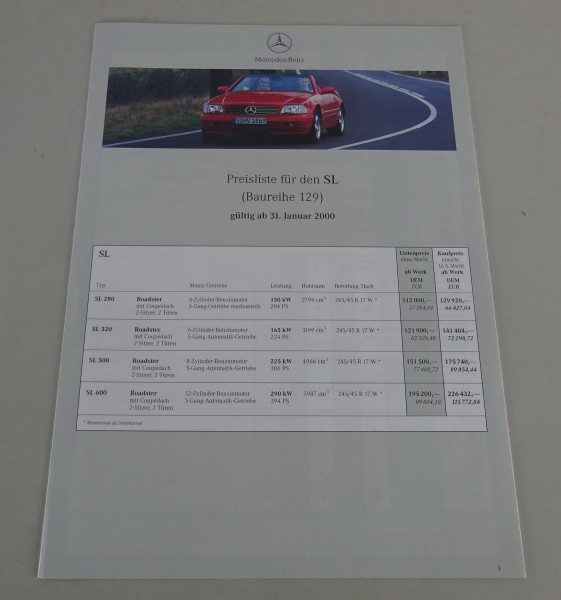 Prospektblatt / Preisliste Mercedes-Benz SL R129 gültig ab 31. Januar 2000