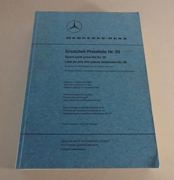 Ersatzteil-Preisliste Nr. 38 Mercedes-Benz PKW Stand 09/1984