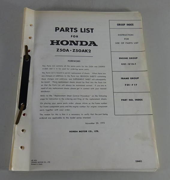 Teilekatalog / Parts Catalog Honda Z 50 A + AK2 Monkey from 11/1973