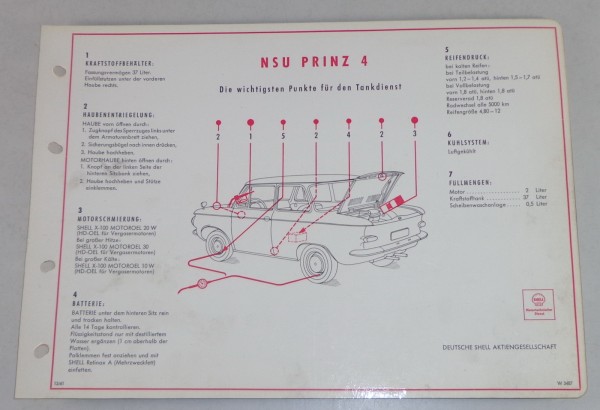 Shell Schmierplan für NSU Prinz 4 Stand 12/1961