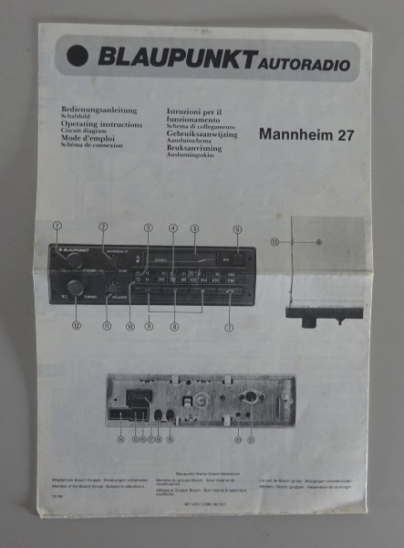 Betriebsanleitung Blaupunkt Autoradio Mannheim 27 Stand 12/1986