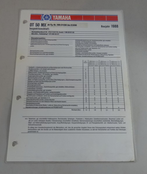 Inspektionsblatt Yamaha DT 50 MX Typ 1NN Baujahr 1988