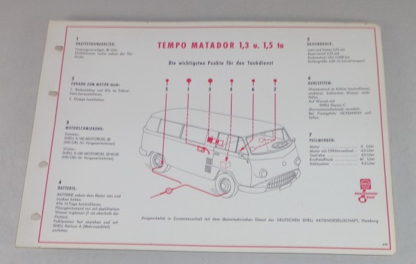 Shell Schmierplan für Tempo Matador 1,3 / 1,5 to Stand 04/1959