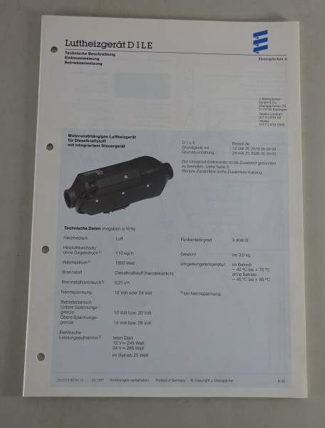 Technische Beschreibung/Einbauanweisung Eberspächer Luftheizgerät D1LE von 08/97