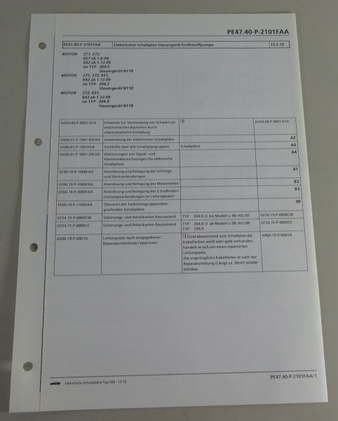 Schaltplan Mercedes W204 Kraftstoffpumpe Motor 642 / 646 / 651 / 271 / 272 12/10