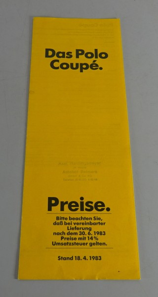 Preisliste VW Polo Coupe 86c Coupé Stand 06/1983