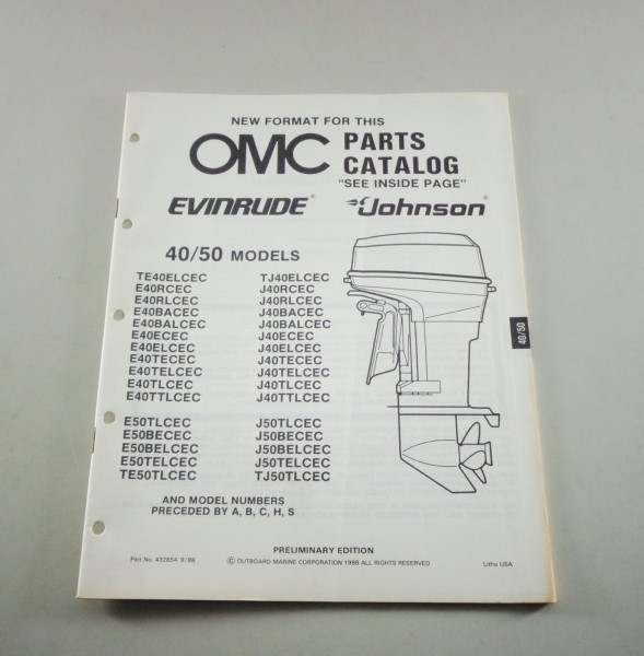 Teilekatalog Johnson Evinrude Außenborder 40 / 50 Models ab TE40ELCEC v. 09/1988