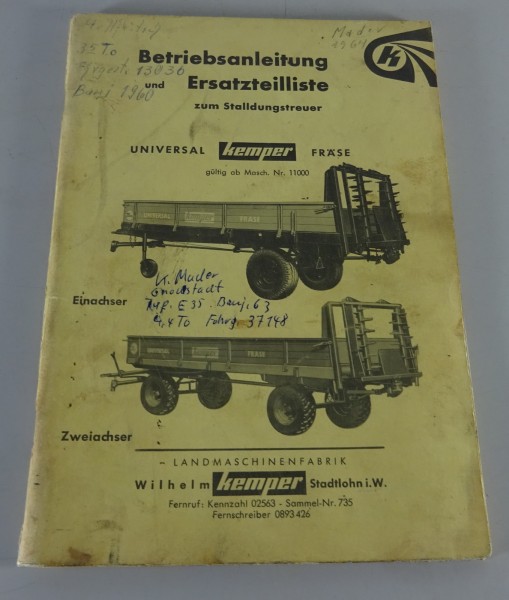 Betriebsanleitung + Ersatzteilliste Kemper Stalldungstreuer Ein- und Zweiachser