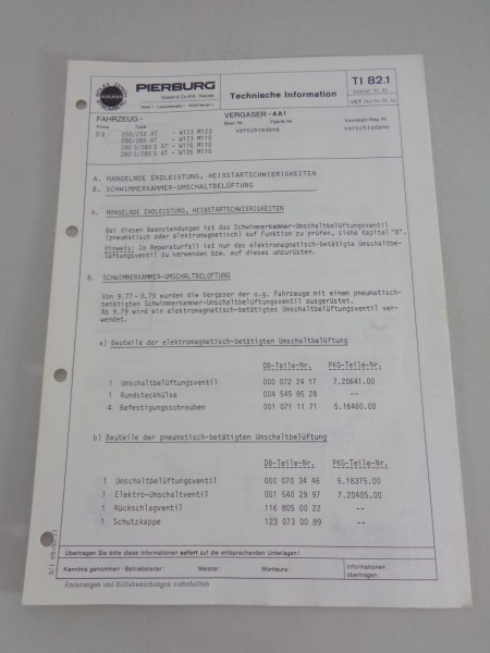 Technische Information Pierburg Vergaser 4A1 für Mercedes W123, W116, W126 1982