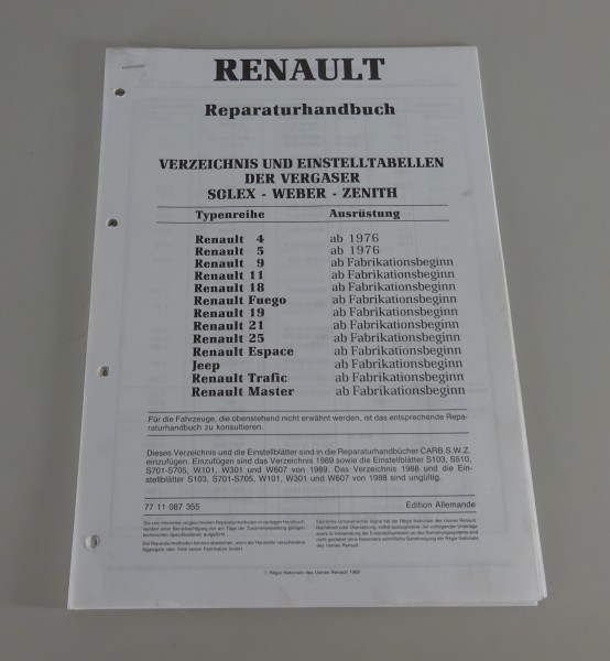 Verzeichnis Solex / Weber / Zenith Vergaser für Renault 4/5/9 etc. Stand 1989