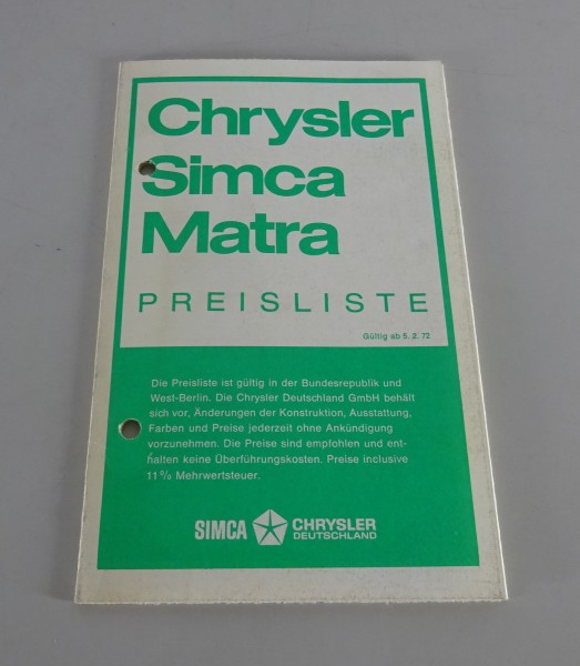Preisliste / Prospekt Simca / Chrysler / Matra Stand 02/1972