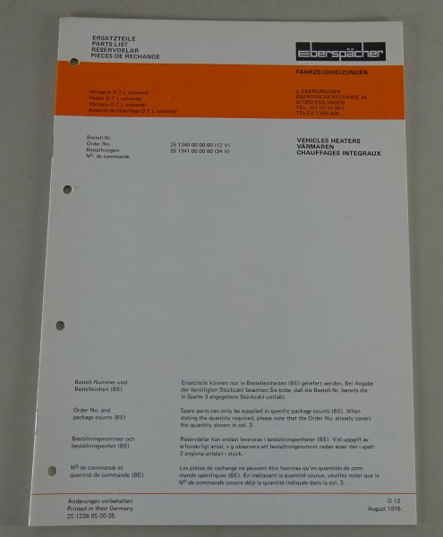 Teilekatalog / Ersatzteilliste Eberspächer Heizgeräte D7L Stand 09/1986