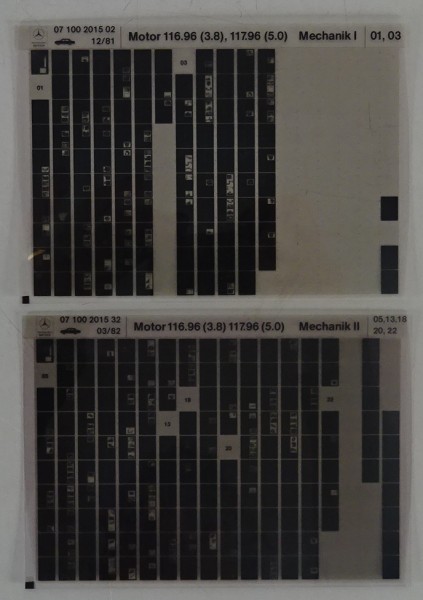 Microfich Teilekatalog Mercedes M116.96 (3.8), 117.96 (5.0) Mechanik I-II 09/87
