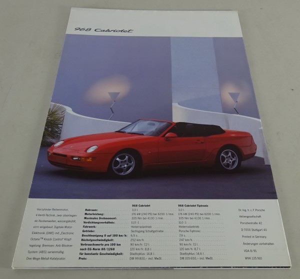 Prospekt / Broschüre Porsche 911 Typ 964 / 968 Faltprospekt Stand 08/1991