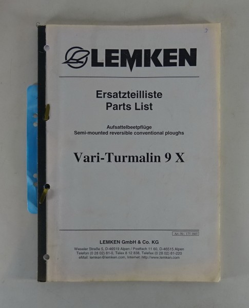 Ersatzteilliste Lemke Aufsattelbeetpflug Vari-Turmalin 9X