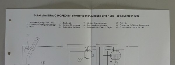 Schaltplan Piaggio Bravo Moped mit elektronischer Zündung und Hupe ab 11/1988