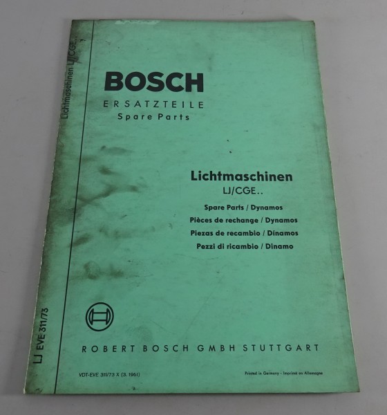 Teilekatalog / Parts list Bosch Lichtmaschinen LJ/CGE... von 03/1961