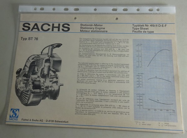 Typenblatt /Technische Daten Sachs Typ ST 76 Stand 10/1974 Blattnr. 419.11 D-E-F