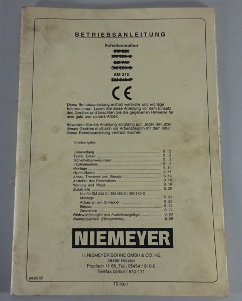 Betriebsanleitung / Handbuch Niemeyer Niemeyer Scheibenmäher SM 310 von 05/1995