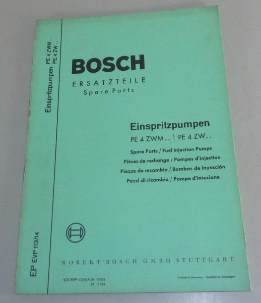 Teilekatalog / Parts list Bosch Einspritzpumpen 4 ZWM.. / PE 4 ZW.. von 03/1966