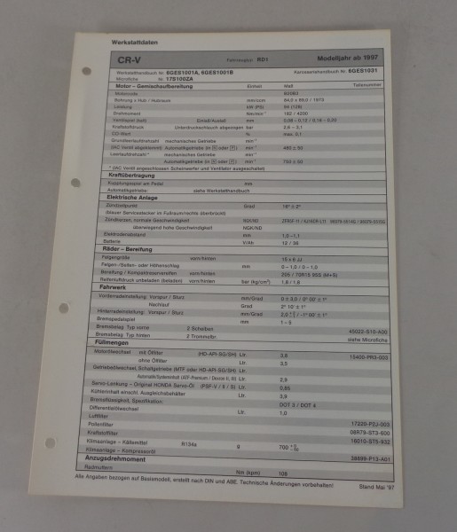 Inspektionsblatt Honda CR-V Typ RD1 Modelljahr ab 1997