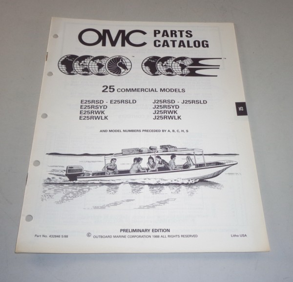 Teilekatalog OMC Bootsmotor Außenborder 25 Commercial Models ab E25RSD von 1988