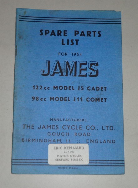 Teilekatalog / Spare Parts List James J5 Cadet / J11 Comet - 1954 Models