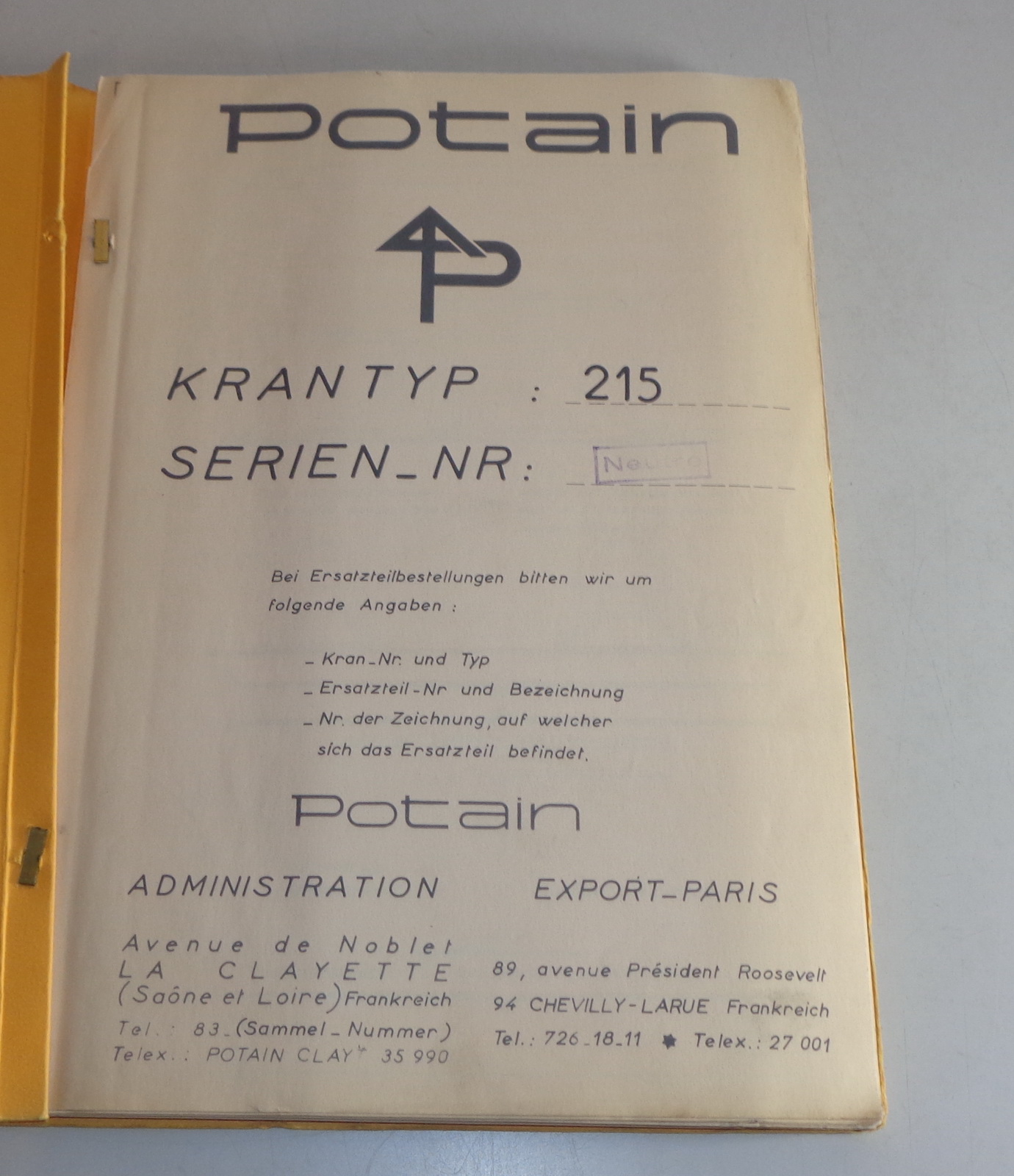 In werkelijkheid Fitness wenselijk Betriebsanleitung / Handbuch Potain Kran 215 von 02/1968 | PK-Buch