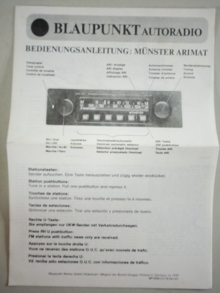 Betriebsanleitung / Bedienungsanleitung Blaupunkt Autoradio Münster Arimat 1978