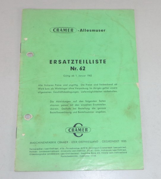 Teilekatalog / Ersatzteilliste Cramer Allesmuser Stand 01/1962