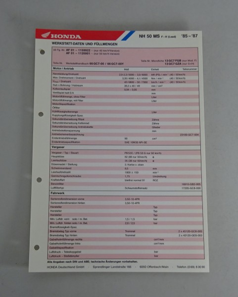 Inspektionsblatt / Wartungsplan Honda NH 50 MS Baujahr 1985 - 1987