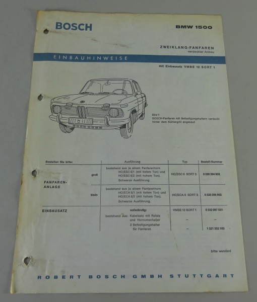 Einbauanleitung Bosch Zweiklang-Fanfaren für BMW 1500 Neue Klasse E115 von 1963